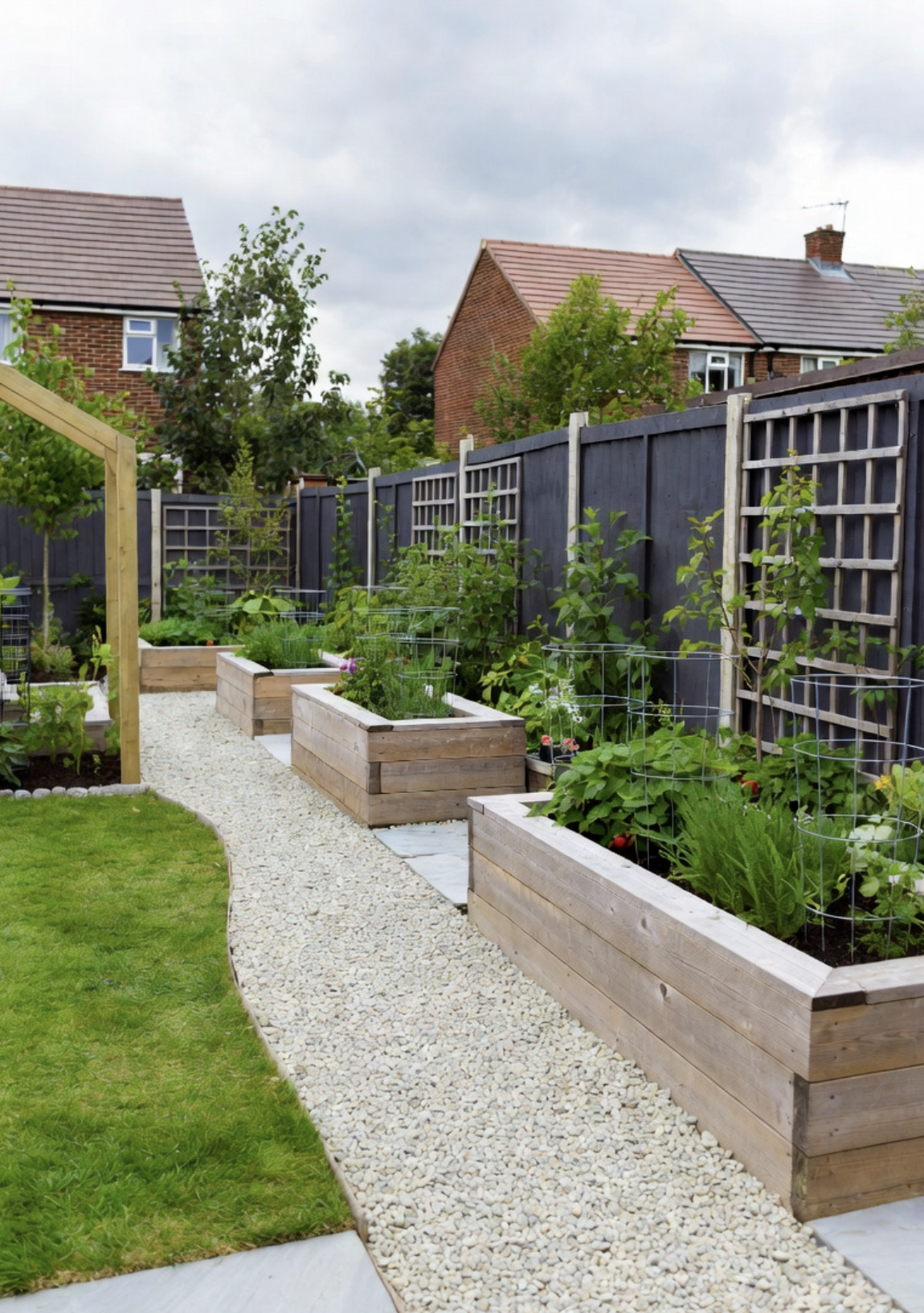 Raised kitchen garden with pergola